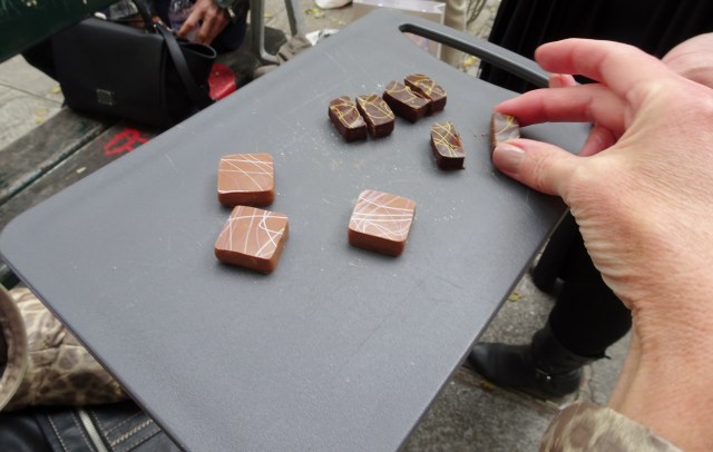 Sampling a selection of chocolates during a Paris food tour