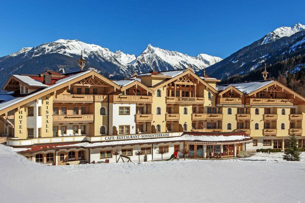 Winter view looking at the Hotel Kristall in Austria