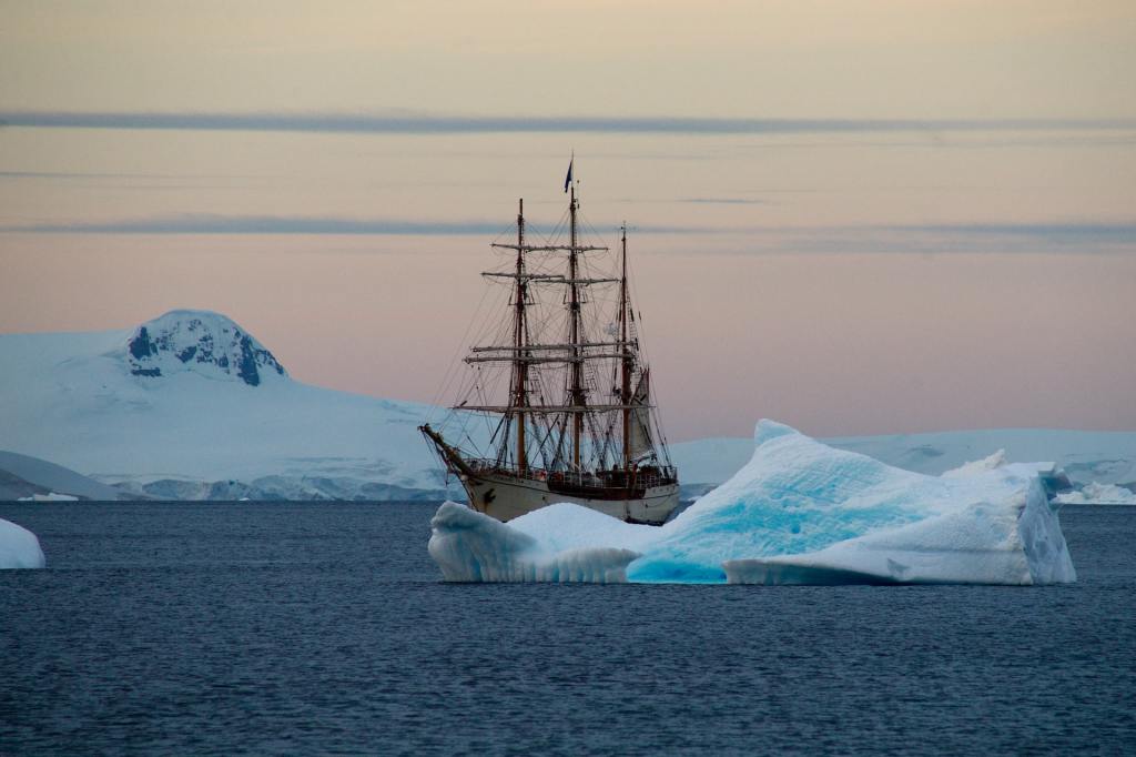 A brown ship in Antarctica.