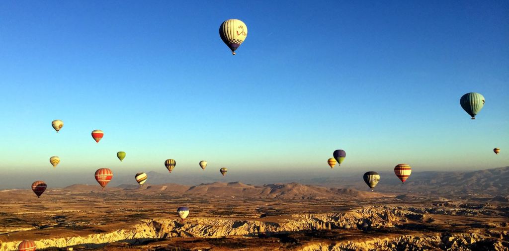 Many hot-air balloons at Cappadocia, Turkey.