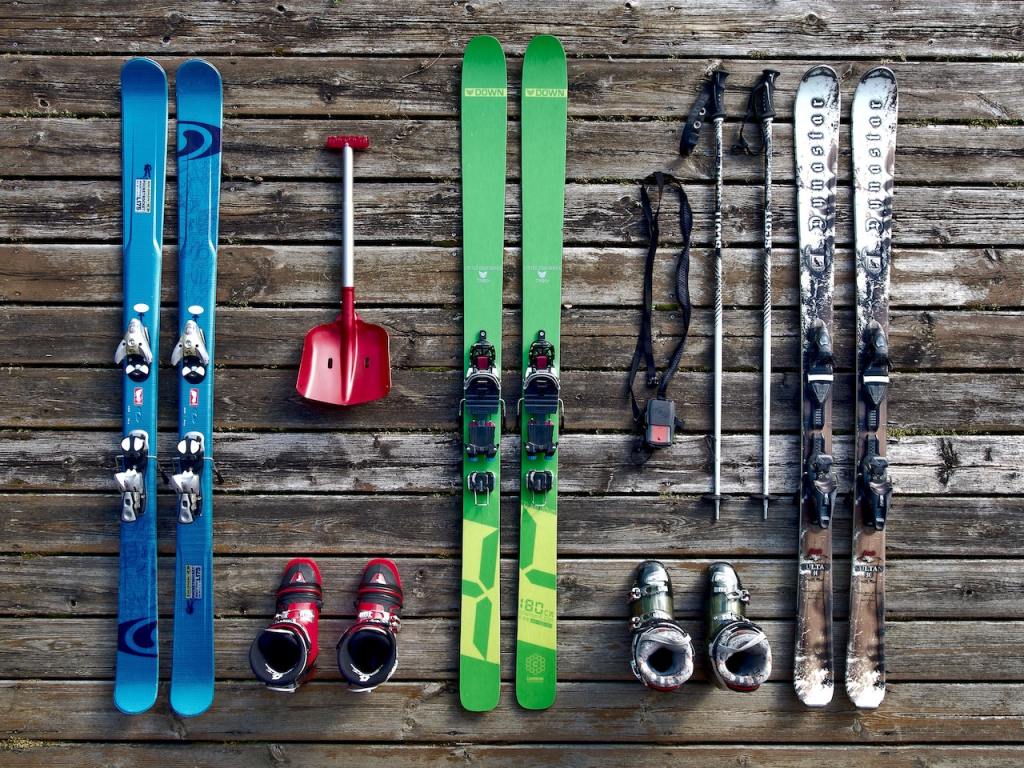 Skiing equipment on a wooden floor